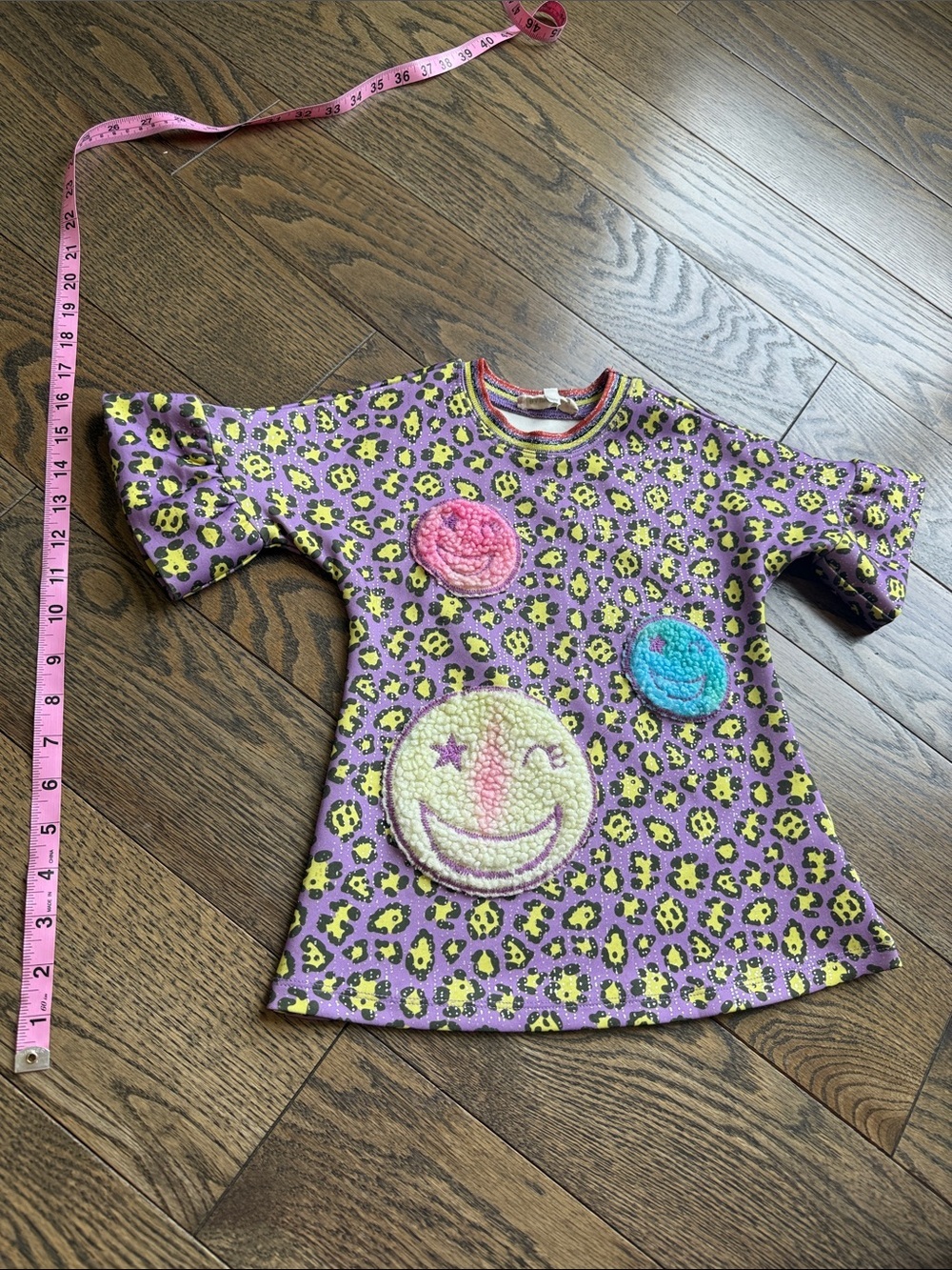 Sara Sara Purple & Yellow Leopard Print Girls Dress with Colorful Smiley Patches